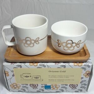 Thun Porcelain Mug/Cup Bowl Wood Tray Orianne Gold Breakfast 3 Piece Set White